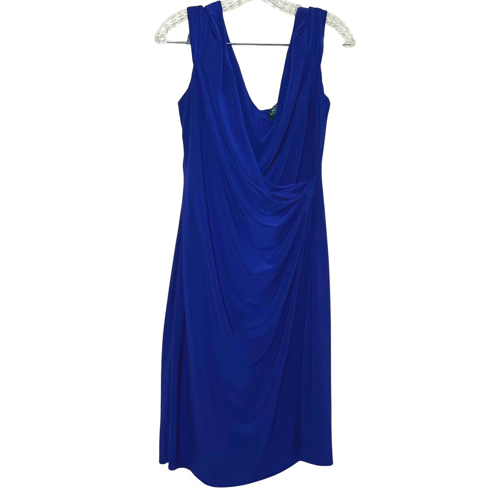 Lauren Ralph Lauren Royal Blue Ruched Cowl Neck Sleeveless Sheath Dress 12